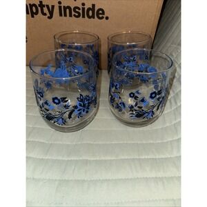 Royal Norfolk Blue Floral Cristar Mikonos Stemless Wine Drinking Glass Set of 4